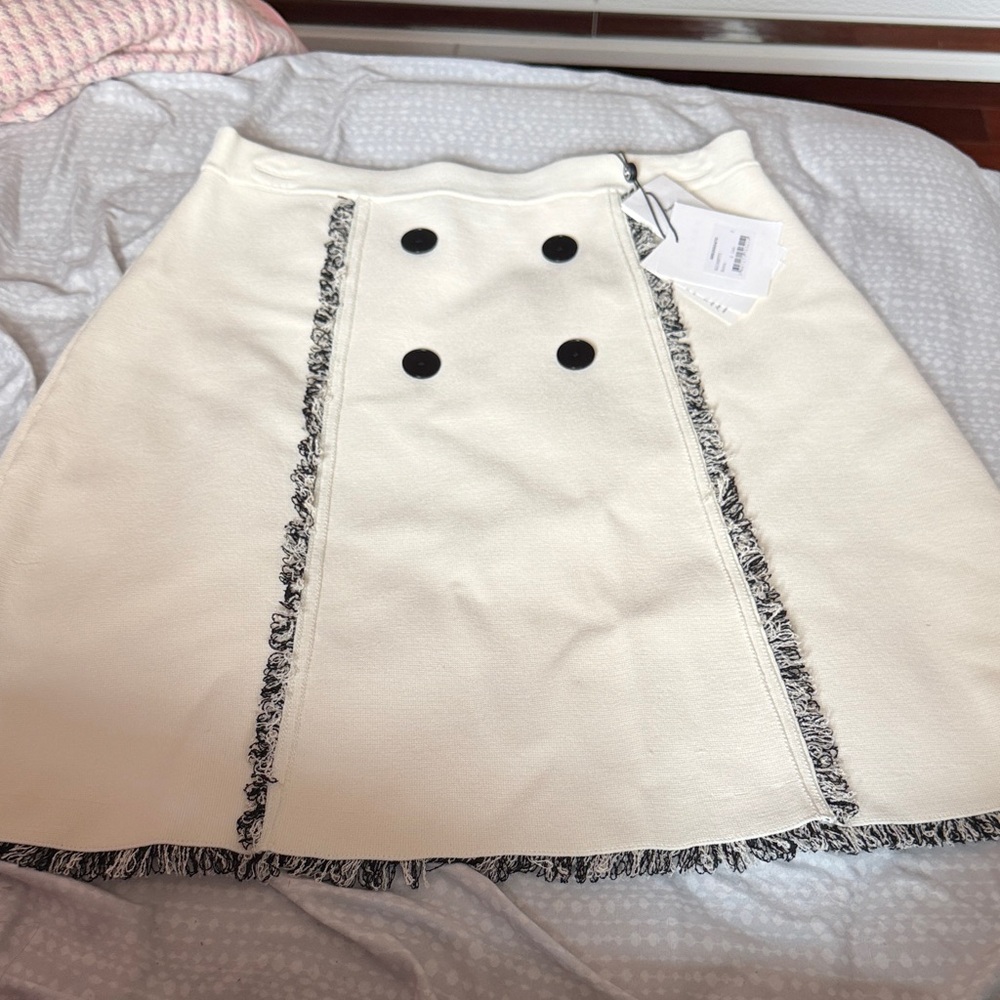 Sandro Cream A-Line Skirt with Black Fringe and Buttons